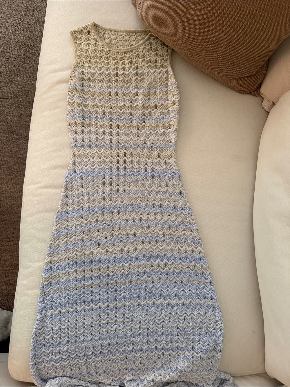 Miss Rosier Sleeveless Knit Chevron Midi Dress in Cream & Light Blue
